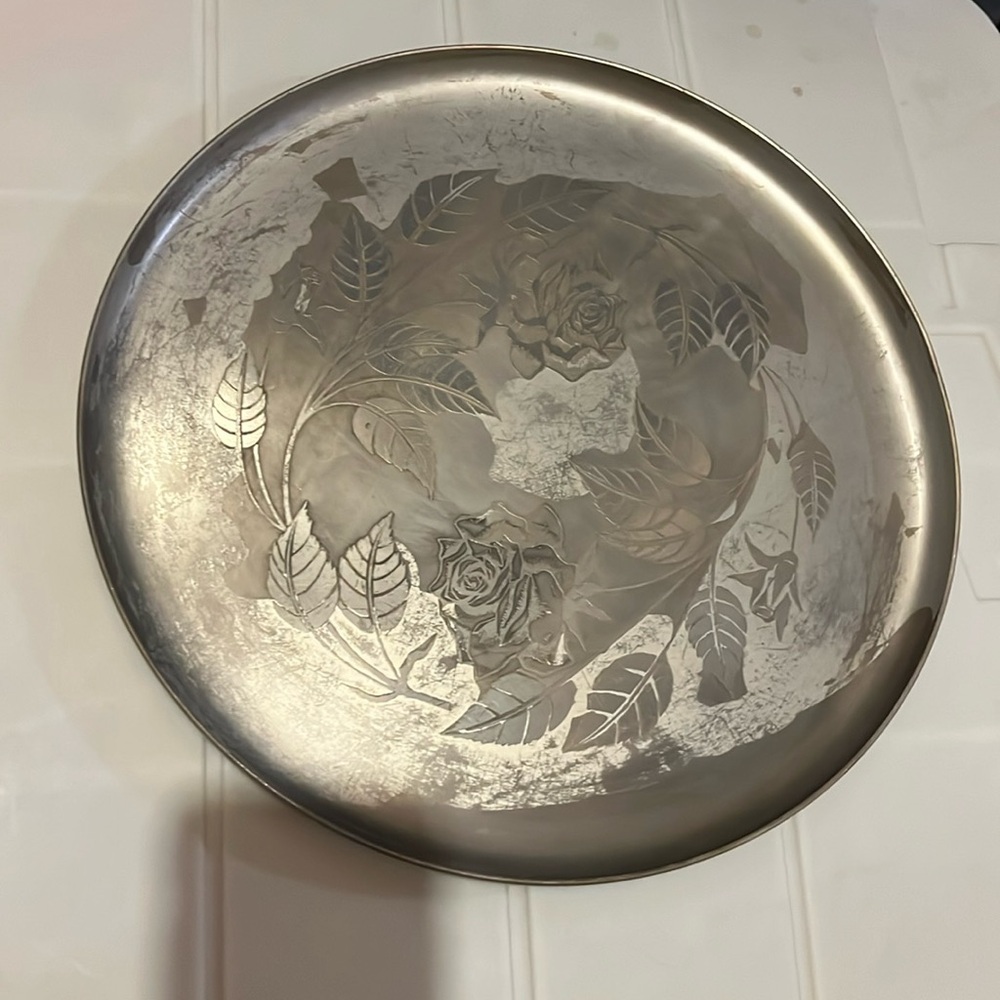 Vintage Aluminum Serving Tray Floral Roses Serveware Kitchenware Silver Metal